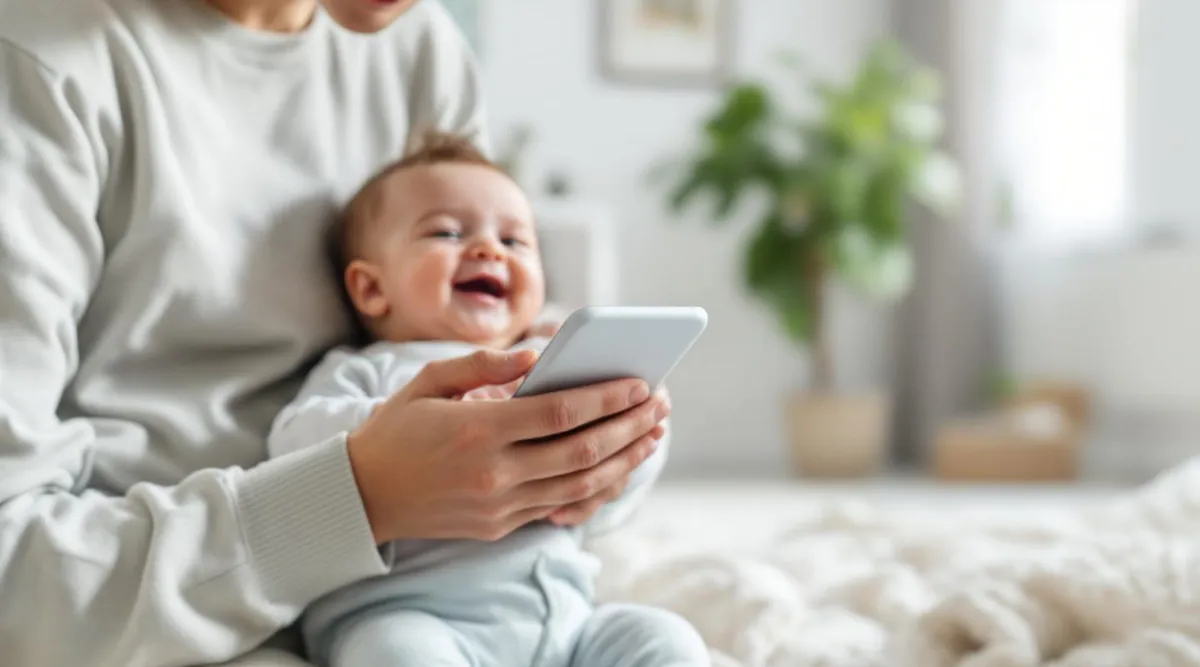 A parent showing a milestone entry on a phone to another caregiver while holding a smiling baby