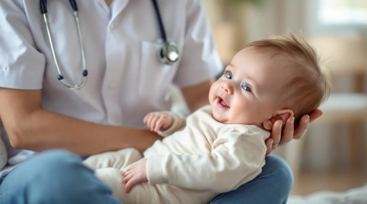 A parent gently supporting a 6-month-old baby during a pediatrician visit