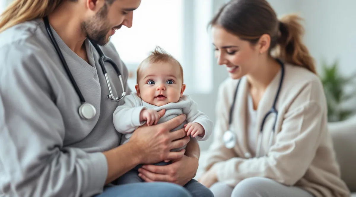 A parent holding a 4-month-old baby while talking with a pediatrician in a clinic setting