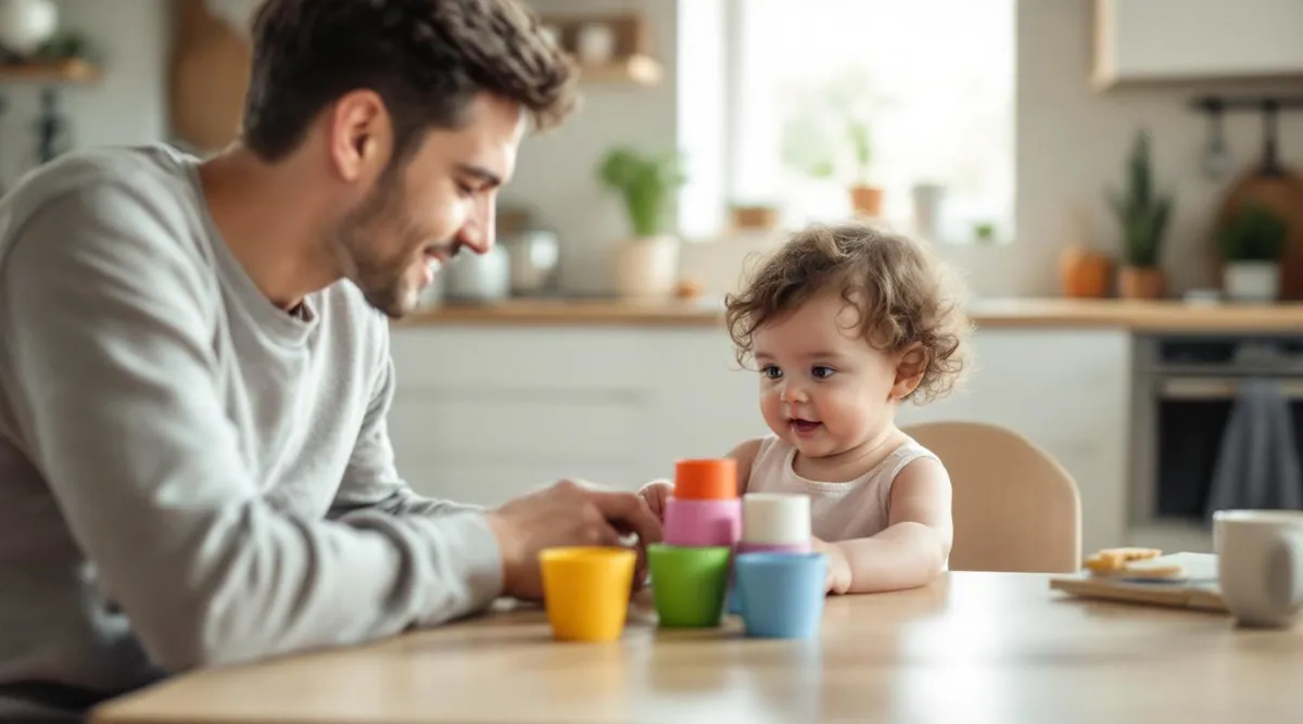 A parent sitting at a kitchen table with a notebook open while their 11-month-old baby plays with stacking cups nearby