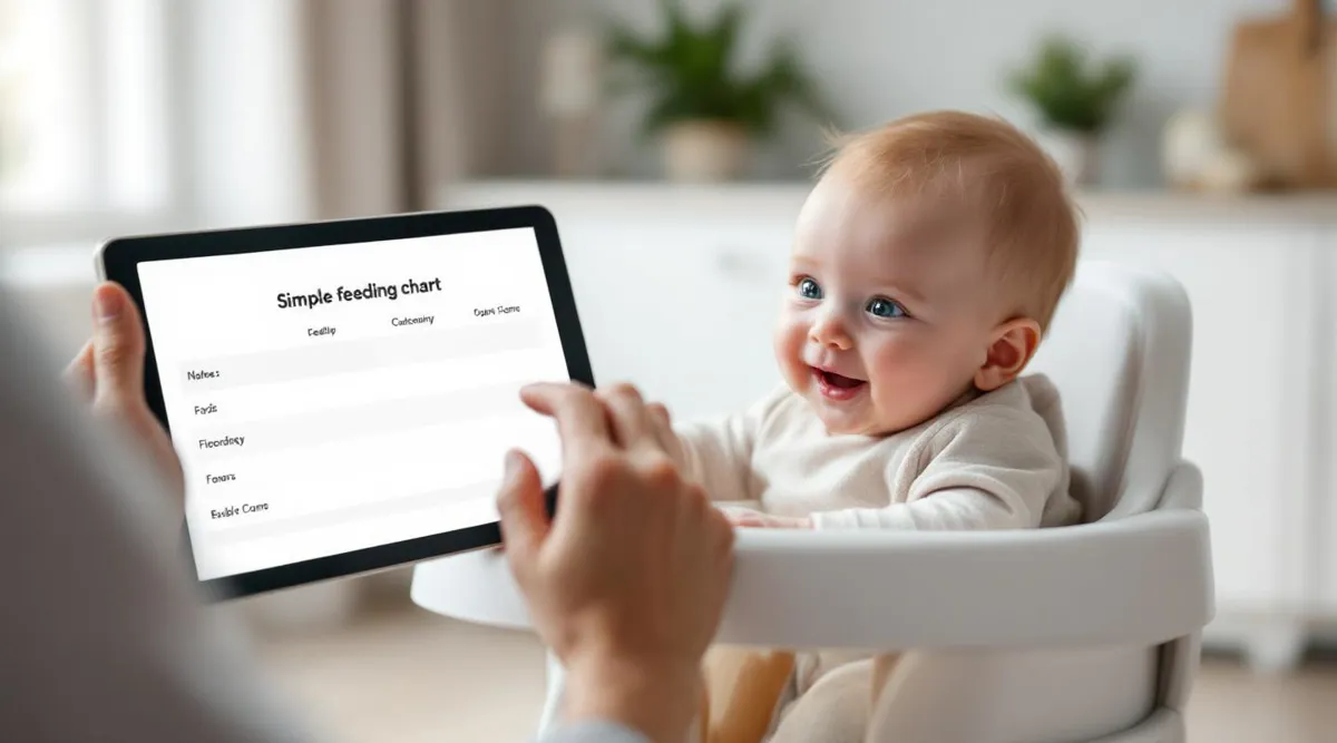 A parent looking at a simple feeding chart on a tablet while their baby sits nearby in a high chair