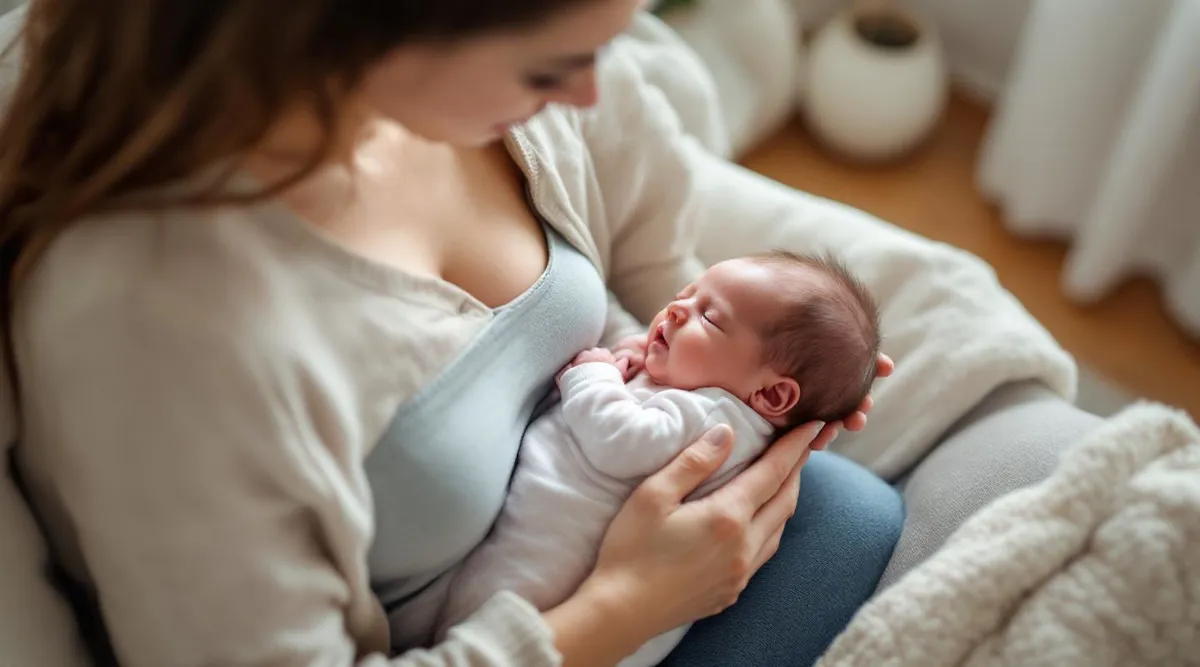 A parent holding a newborn baby while breastfeeding in a cozy chair