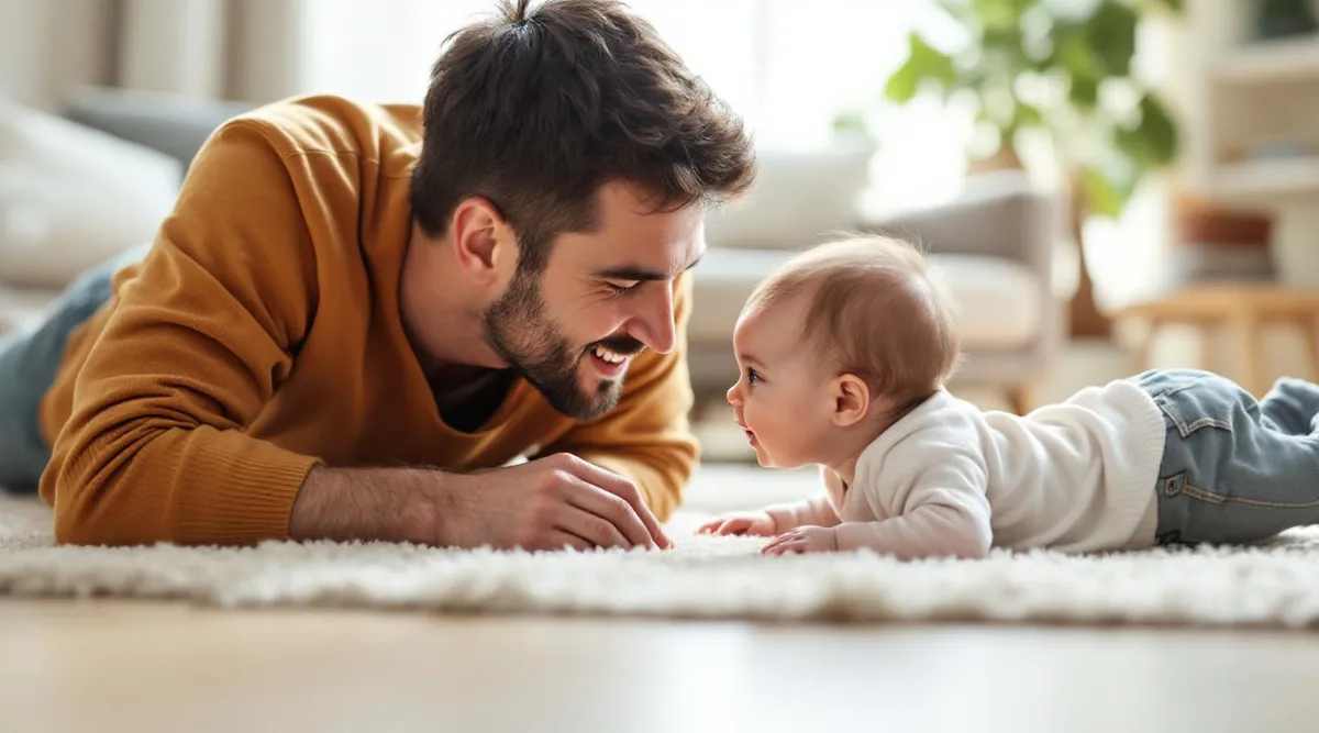 A parent lying face-to-face with a 3-month-old baby during tummy time on a living room rug