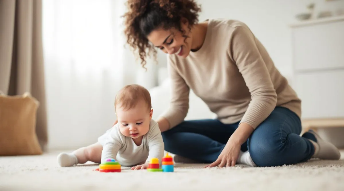 A parent sitting on the floor next to an 8-month-old baby who is crawling toward a colorful toy
