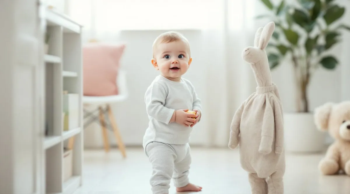 A 10-month-old baby standing while holding furniture and holding a small snack