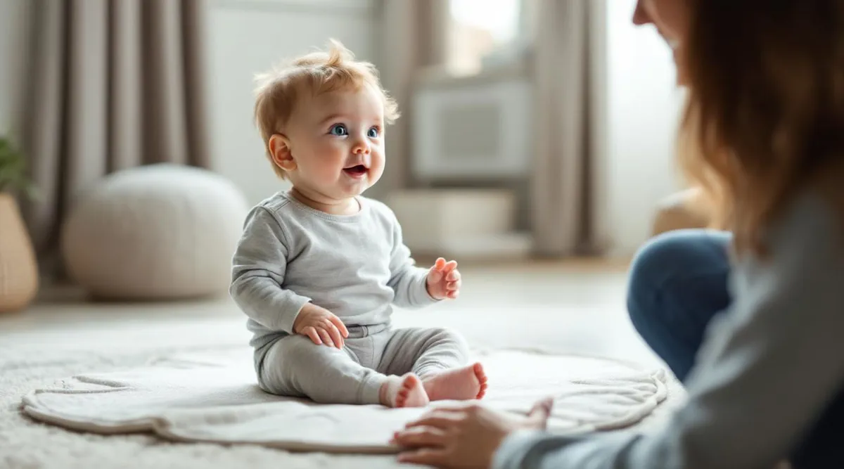 A 7-month-old baby sitting on a play mat looking up and making eye contact with a parent who is smiling and speaking