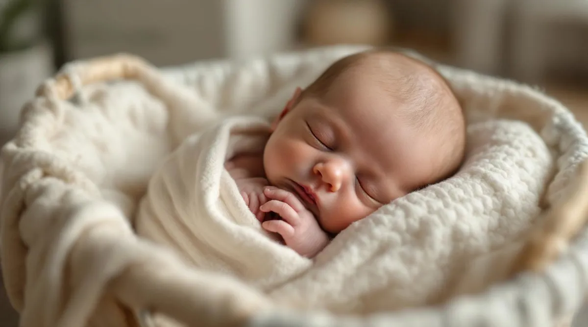 A sleeping newborn swaddled in a bassinet with arms tucked in