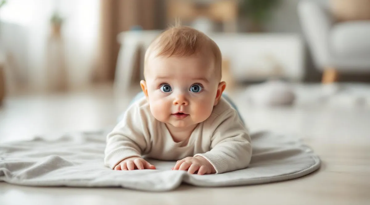 A 10-week-old baby pushing up on their forearms during tummy time on a play mat
