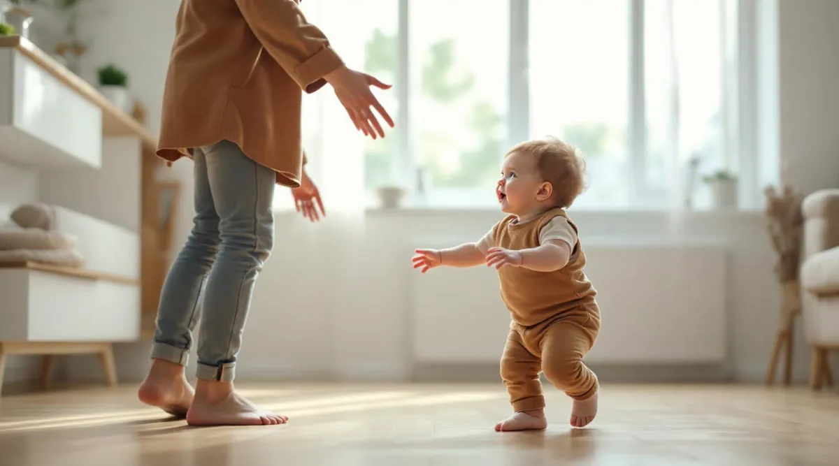 A 12-month-old toddler taking a few steps toward a parent with outstretched arms