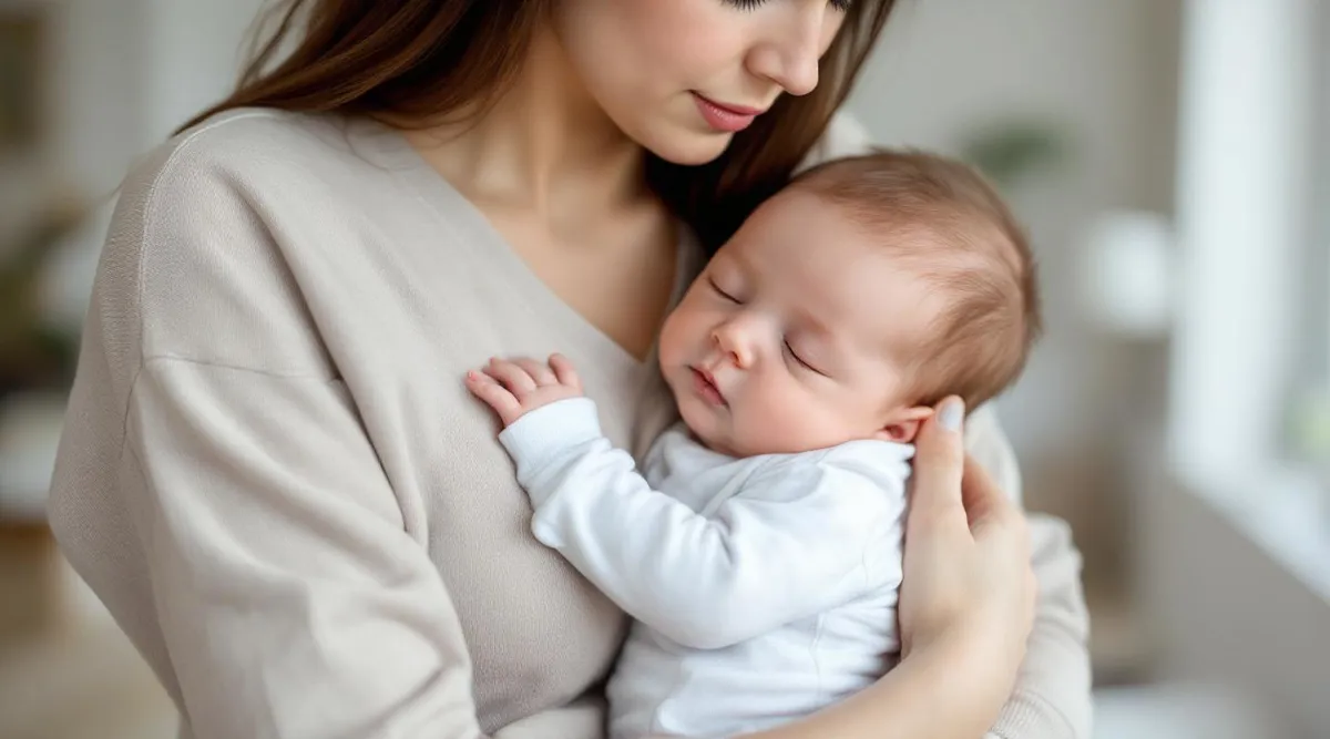 A parent holding a 9-month-old baby who is resting their head on the parent’s chest