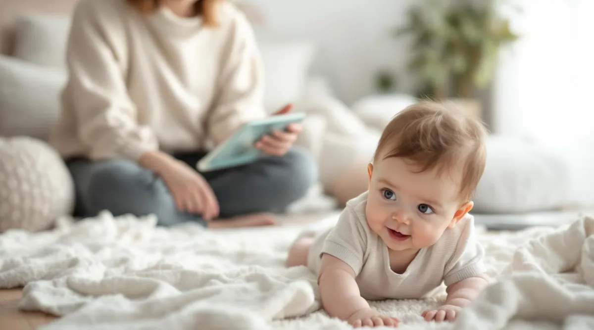 A parent sitting on the floor next to their baby during tummy time holding a small mirror