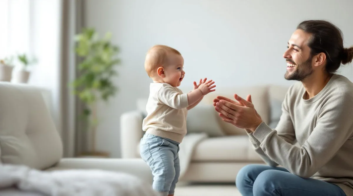 A parent smiling and clapping while watching their 9-month-old baby stand holding onto a couch