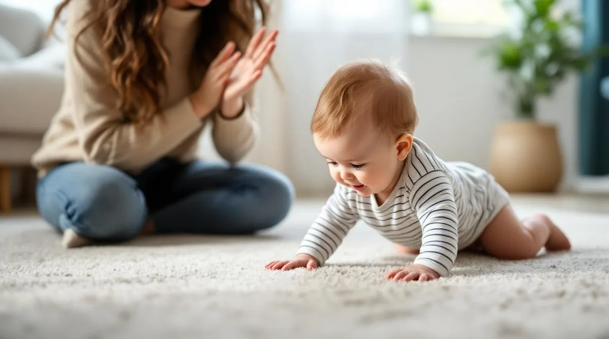 A parent clapping and encouraging an 8-month-old baby who is trying to crawl across a carpet