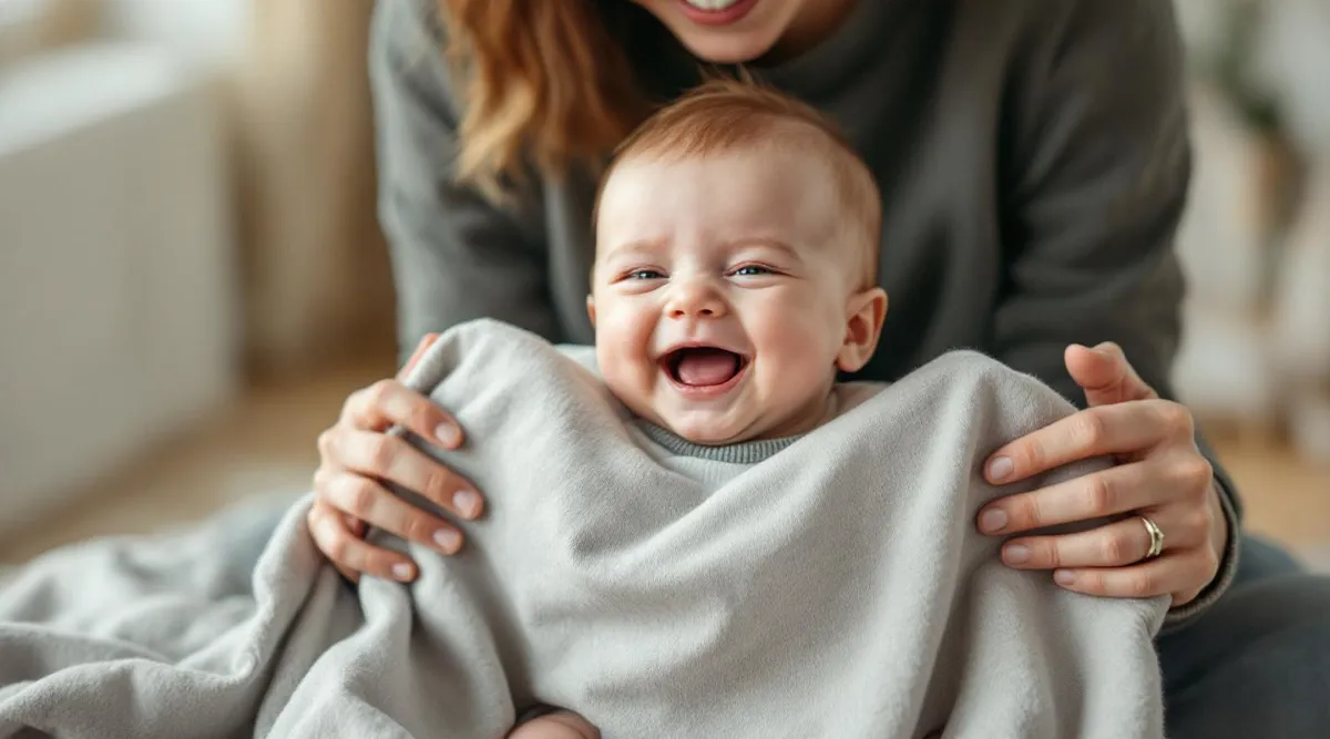 A 5-month-old baby laughing while a parent plays peekaboo with a soft blanket