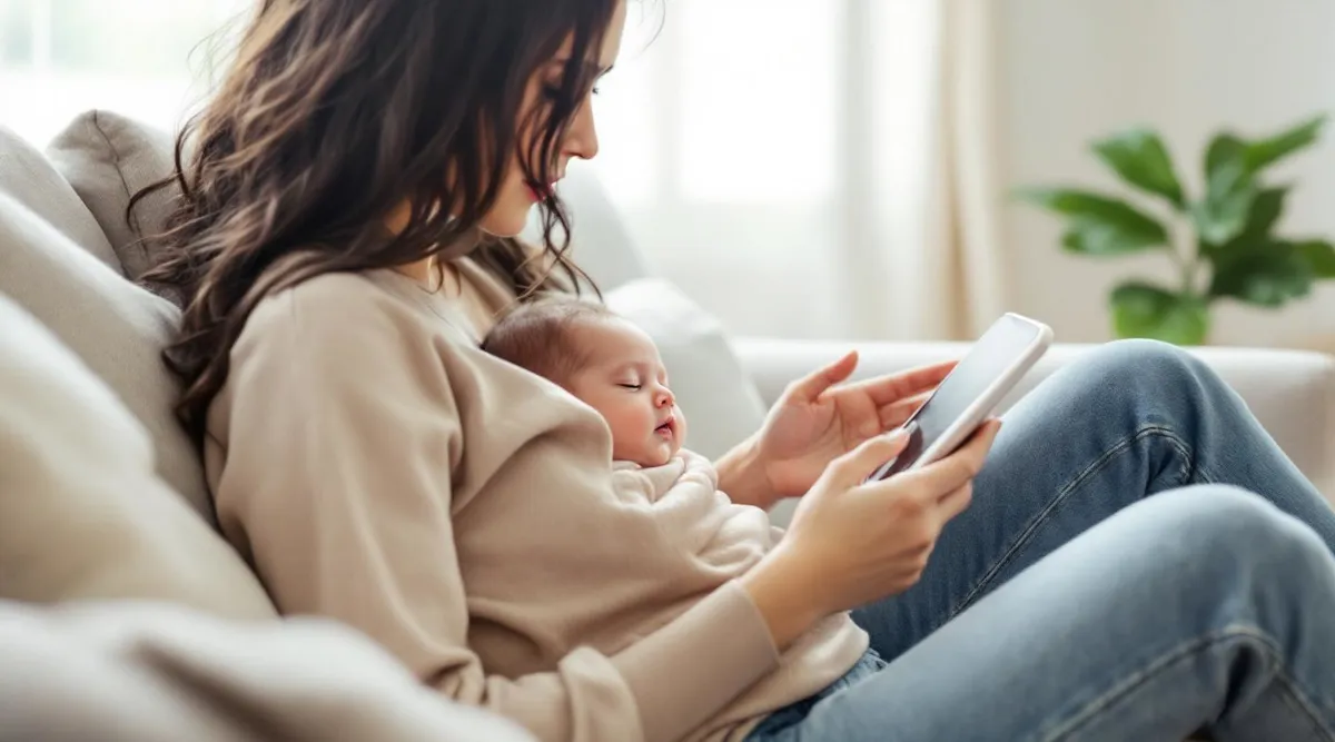 A parent sitting on a couch holding a 2-month-old baby while reading from a phone