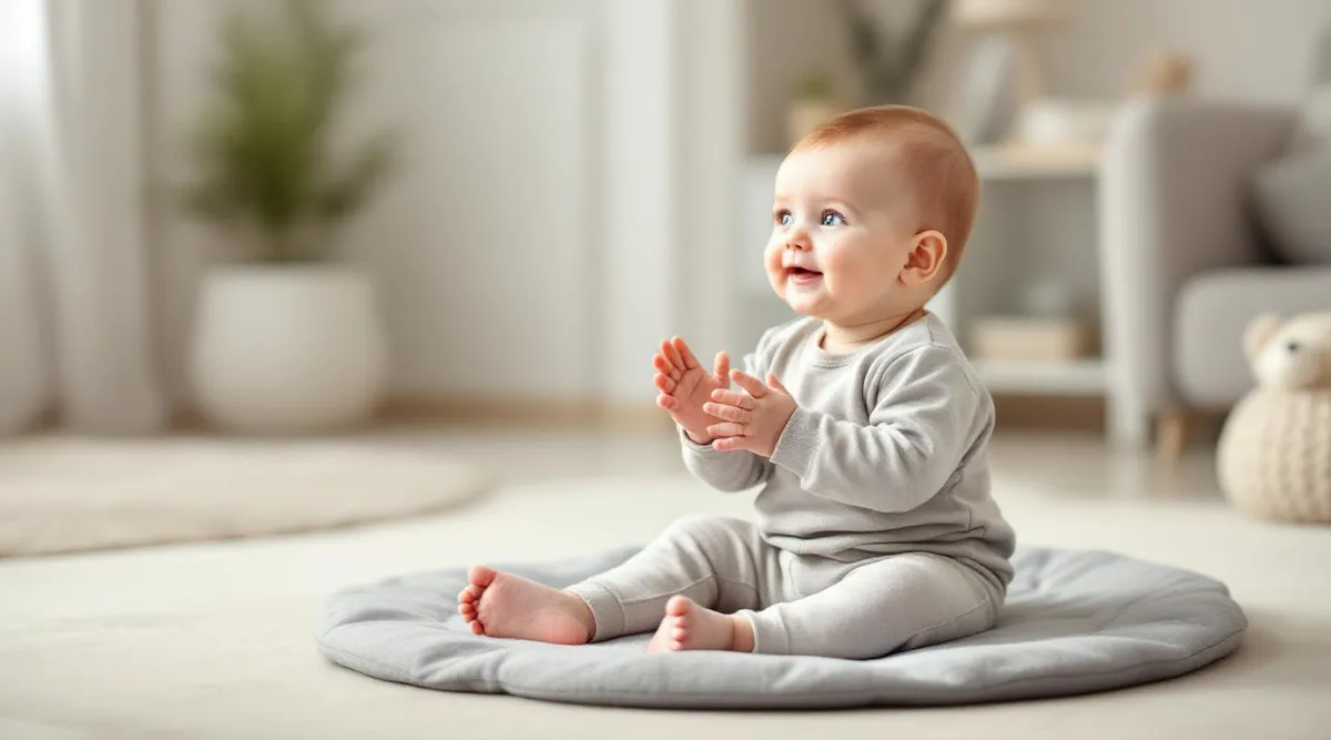 A 9-month-old baby clapping hands while sitting on a play mat