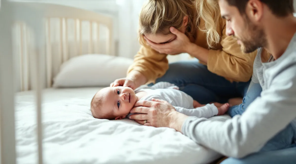 A tired parent sitting beside a crib gently patting an 8-month-old baby