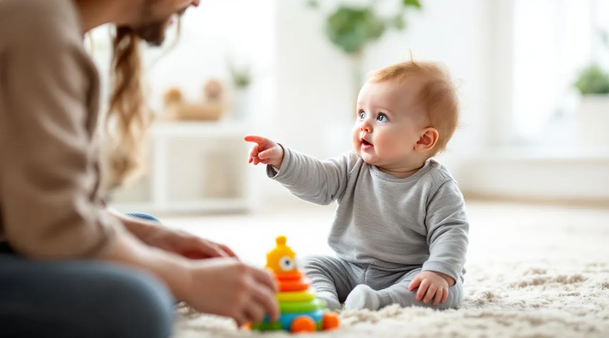 A 10-month-old baby pointing at a toy while making sounds toward a parent