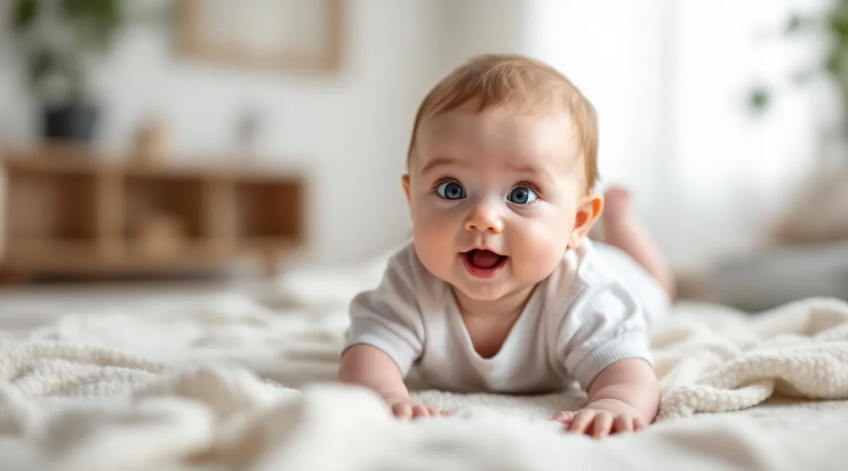 A 4-month-old baby lifting their head during tummy time on a soft blanket