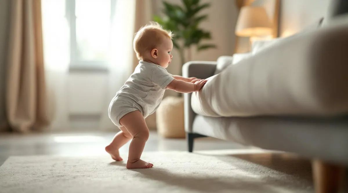 An 11-month-old baby pulling to stand while holding onto a low couch