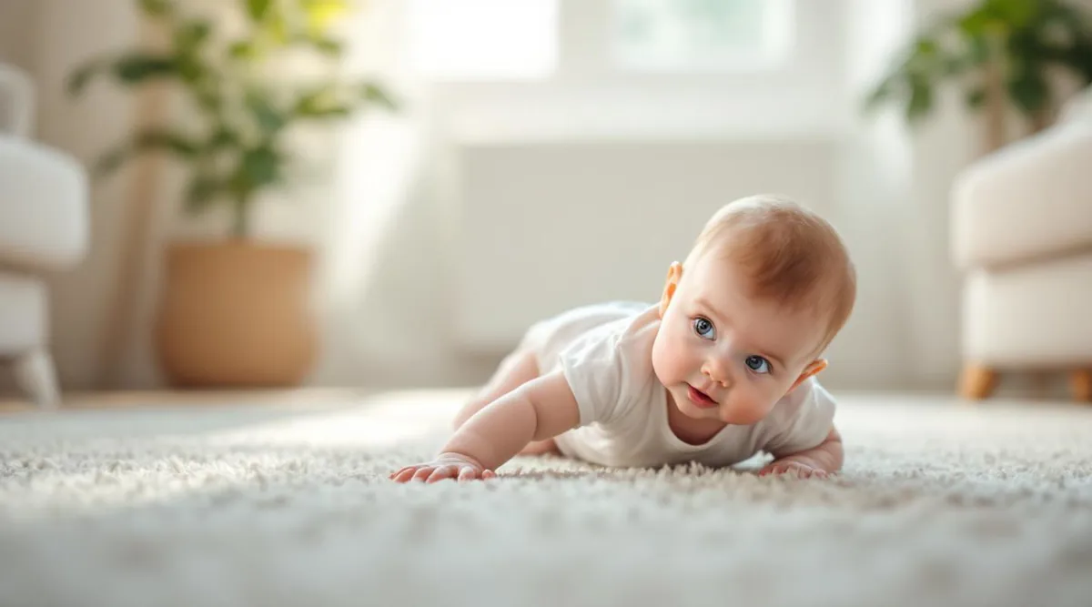 A baby army crawling on their belly across a carpeted floor