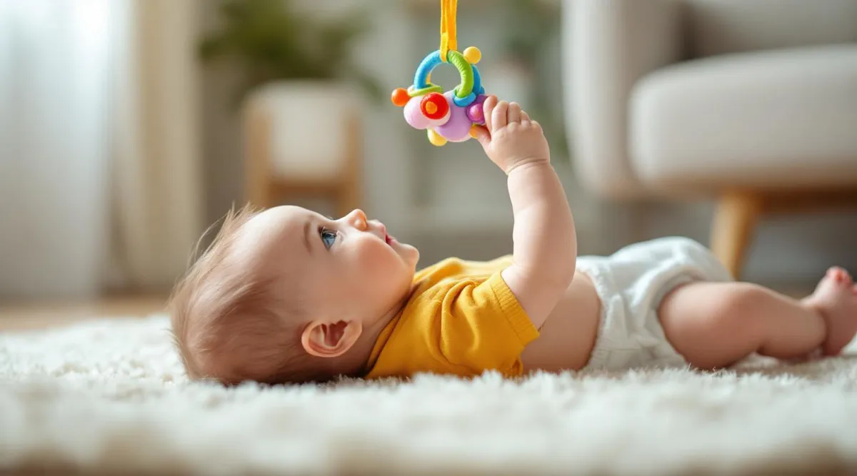 A 4-month-old baby reaching toward a colorful hanging toy while lying on their back
