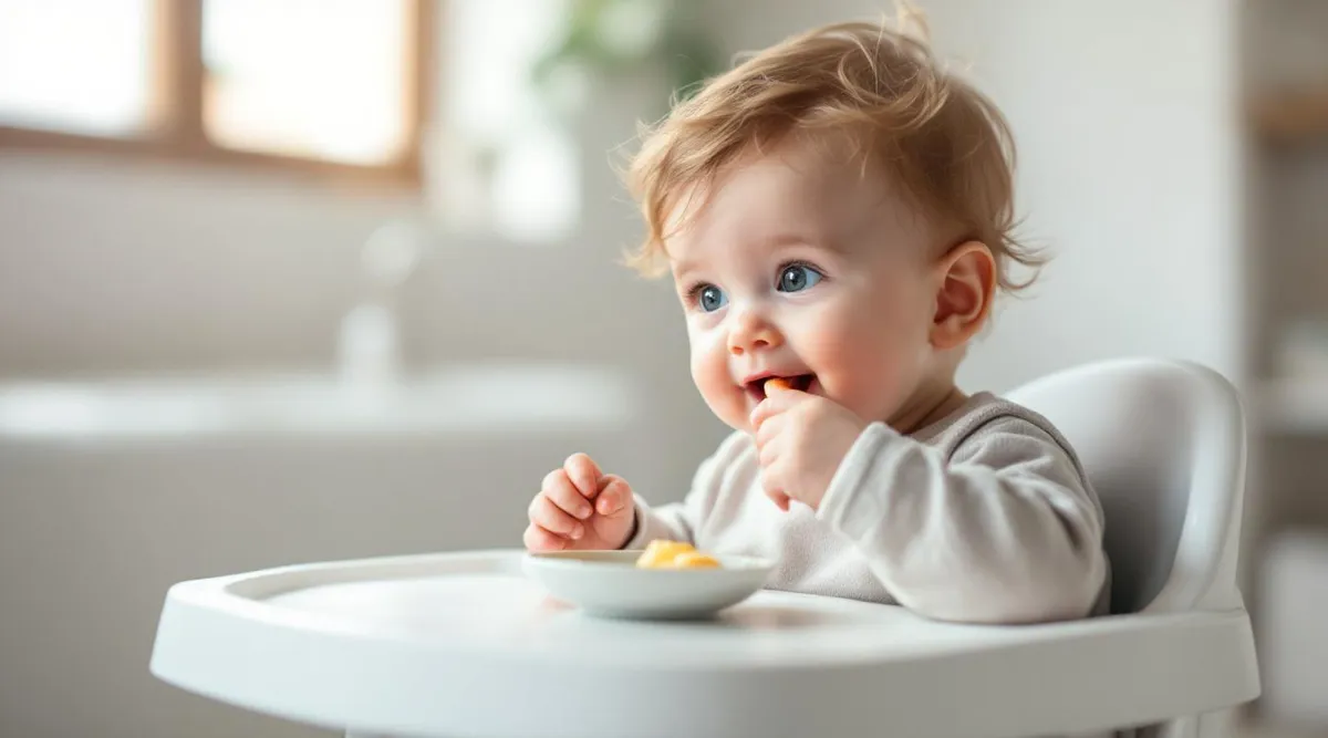 An 11-month-old baby self-feeding small finger foods in a high chair