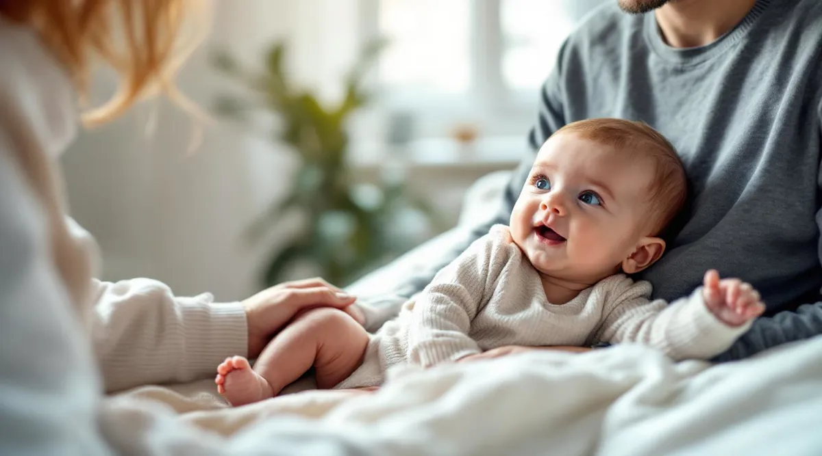 A parent sitting beside a baby during a calm pediatrician visit in an exam room