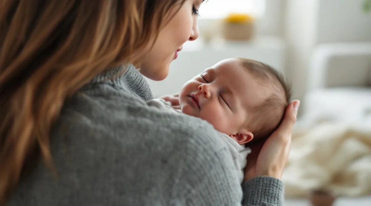 A parent cuddling a baby who is resting their head on the parent’s shoulder