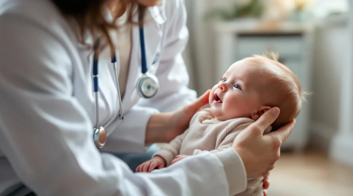 A pediatrician gently interacting with a 9-month-old baby during a well visit