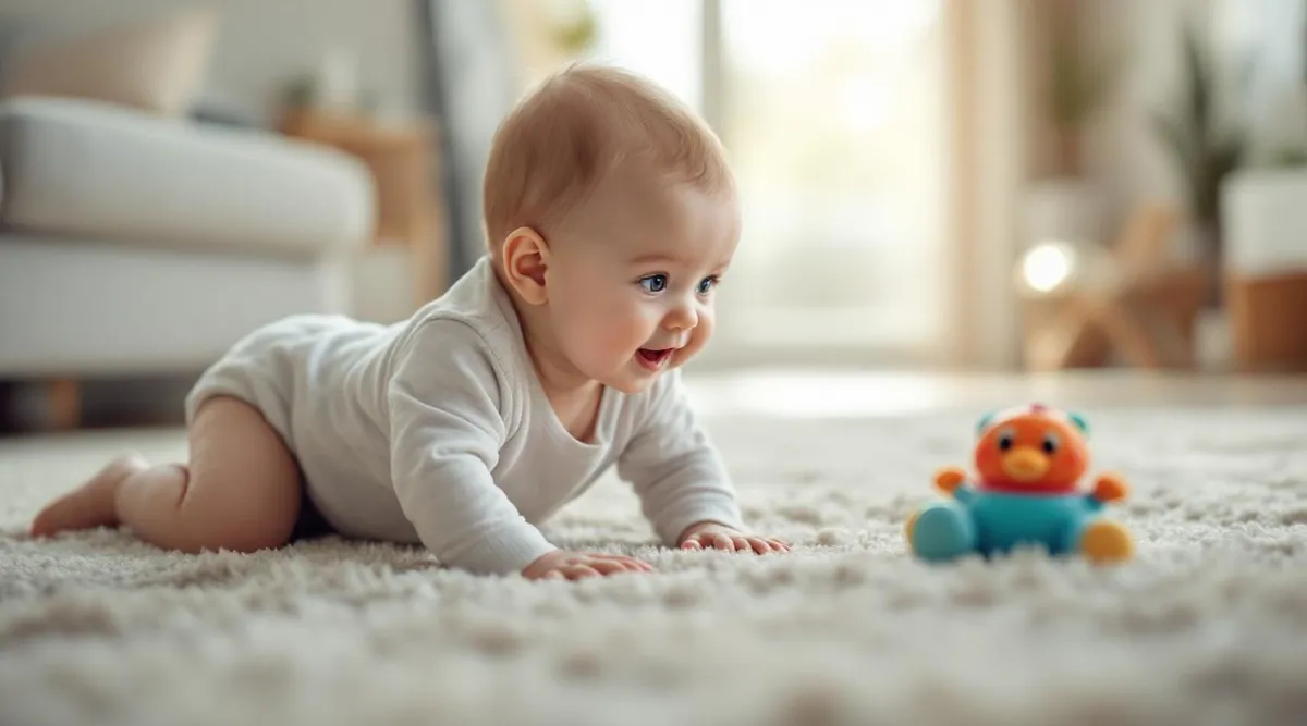 An 8-month-old baby crawling on a carpet toward a favorite toy