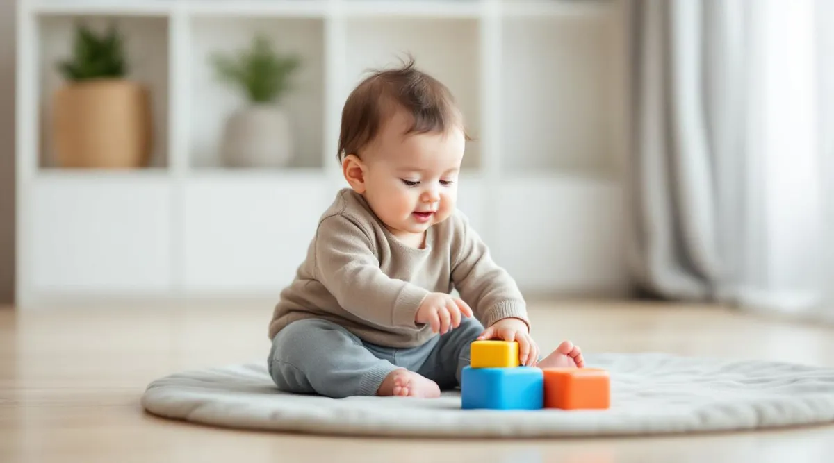 A 9-month-old baby sitting independently on a play mat reaching for a toy block