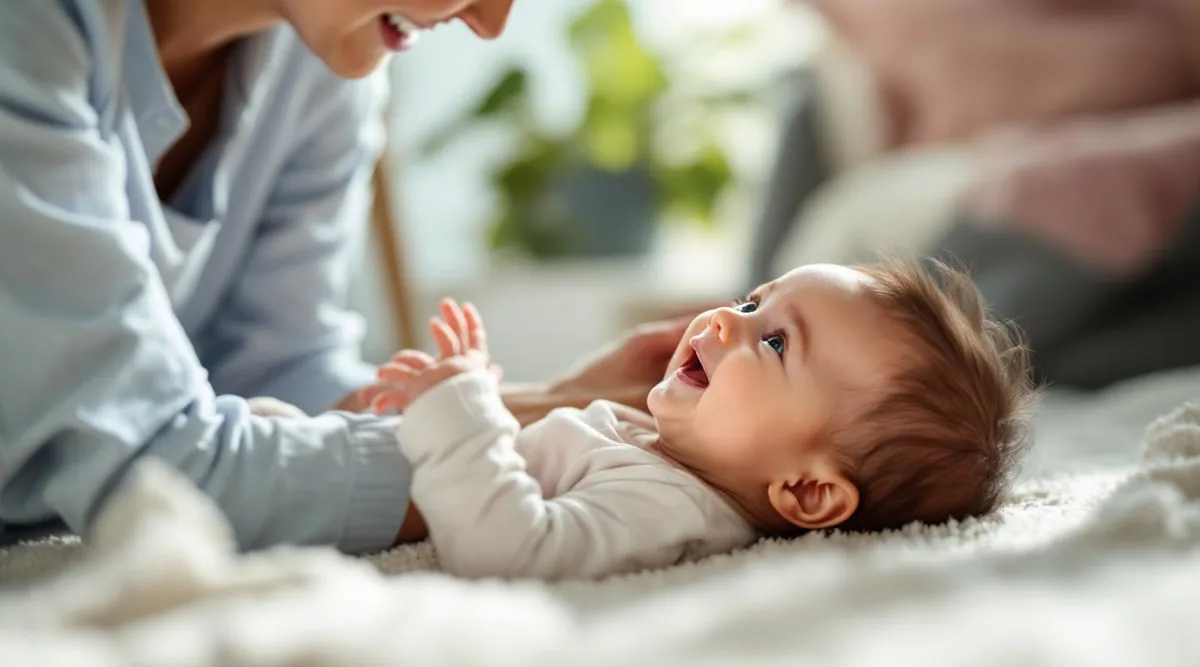 A 2-month-old baby smiling up at a parent who is leaning close and making eye contact