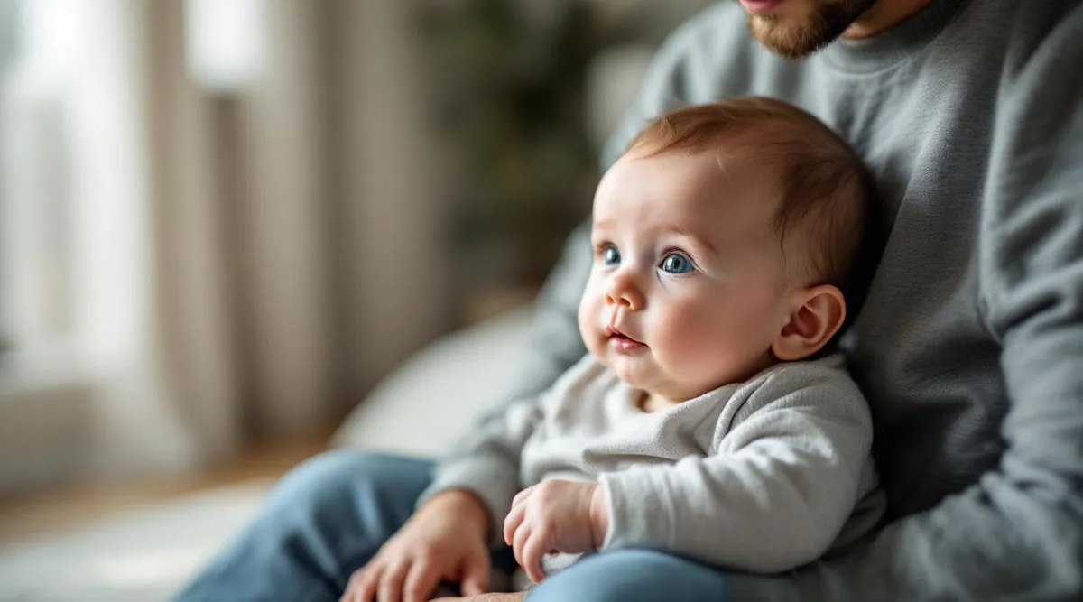 A 7-month-old baby sitting on a parent’s lap while observing a new person from a short distance