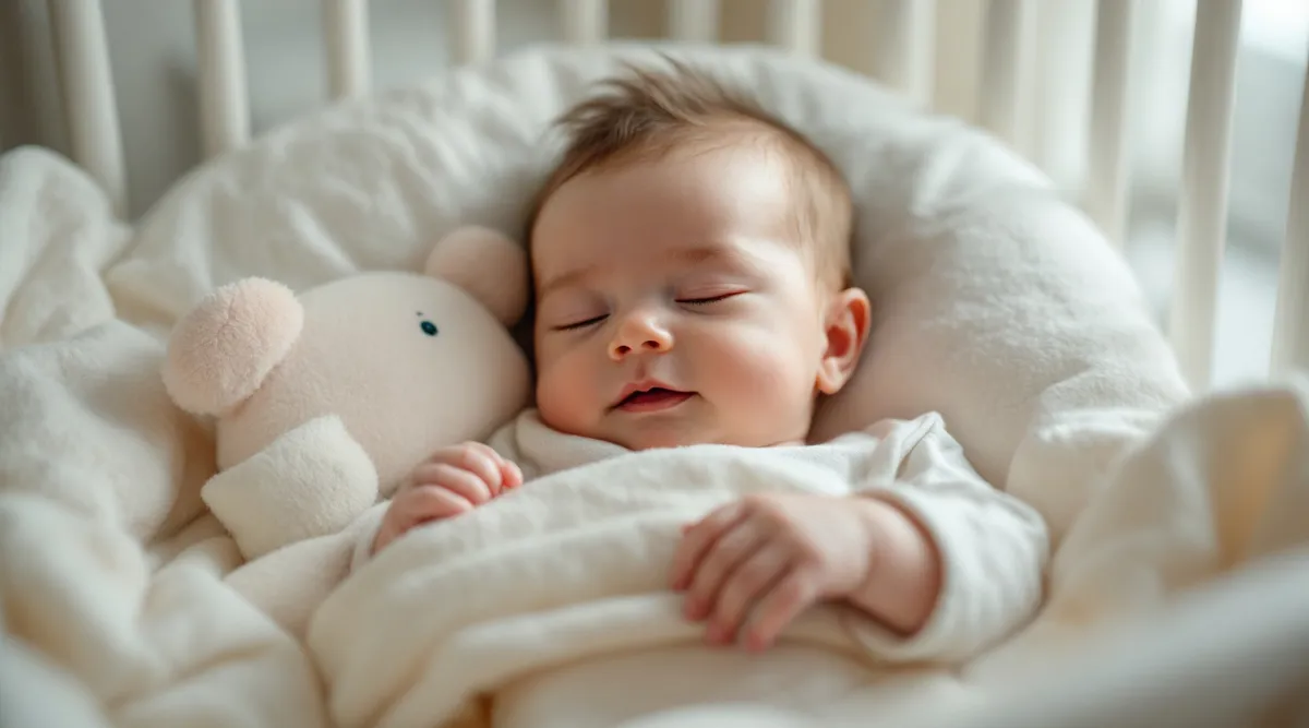 A 10-month-old baby lying in a crib awake and calmly holding a small soft comfort object