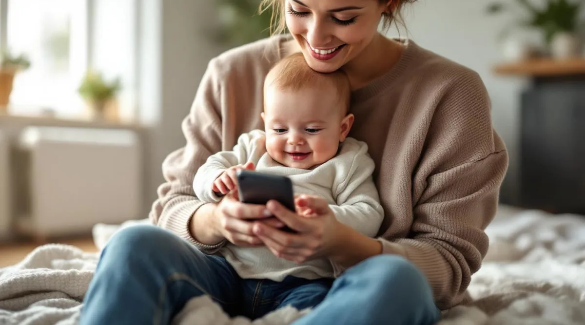 A parent holding a smiling 12-month-old baby while looking thoughtfully at a phone screen