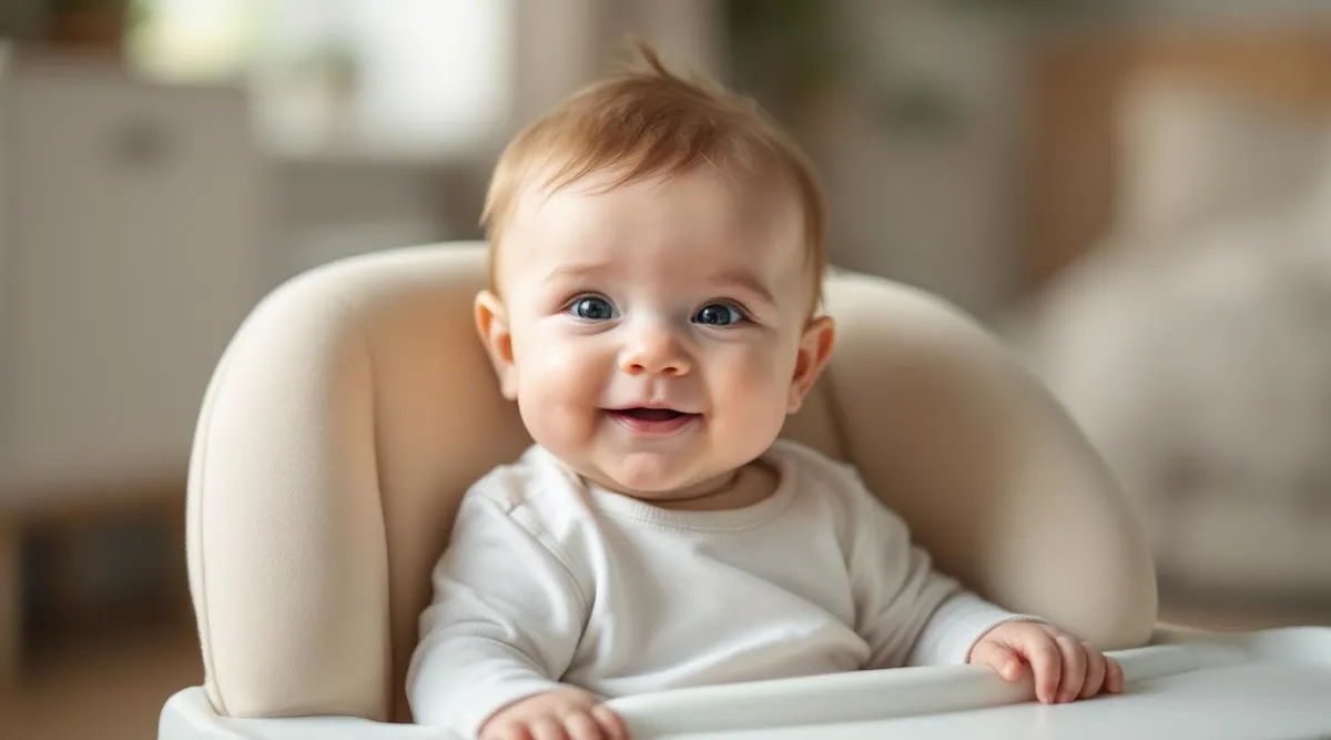 A 6-month-old baby sitting with support and making a babbling expression with lips rounded