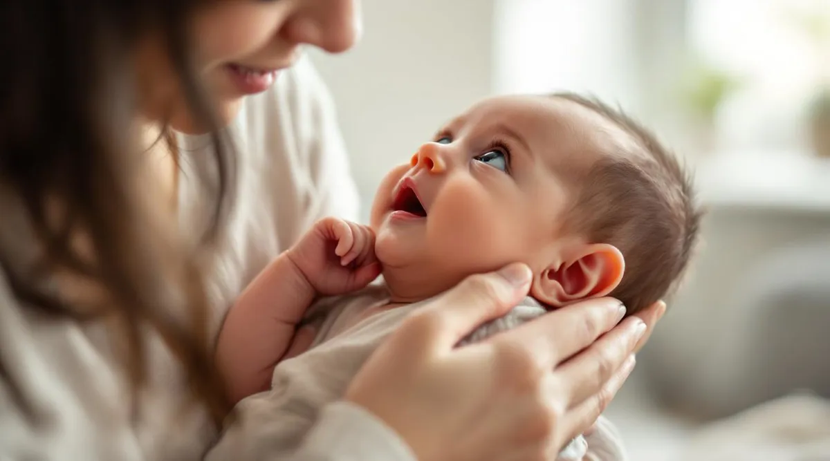 A newborn baby looking up at a parent’s face during feeding