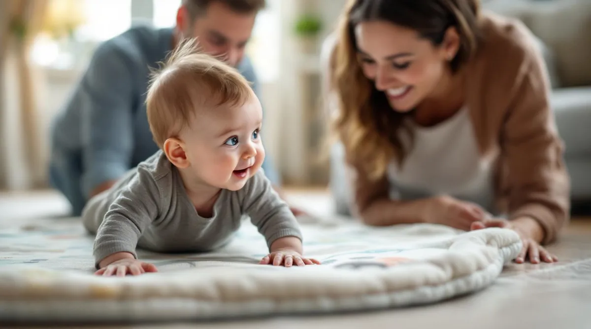 A 6-month-old baby rolling across a play mat toward a smiling parent