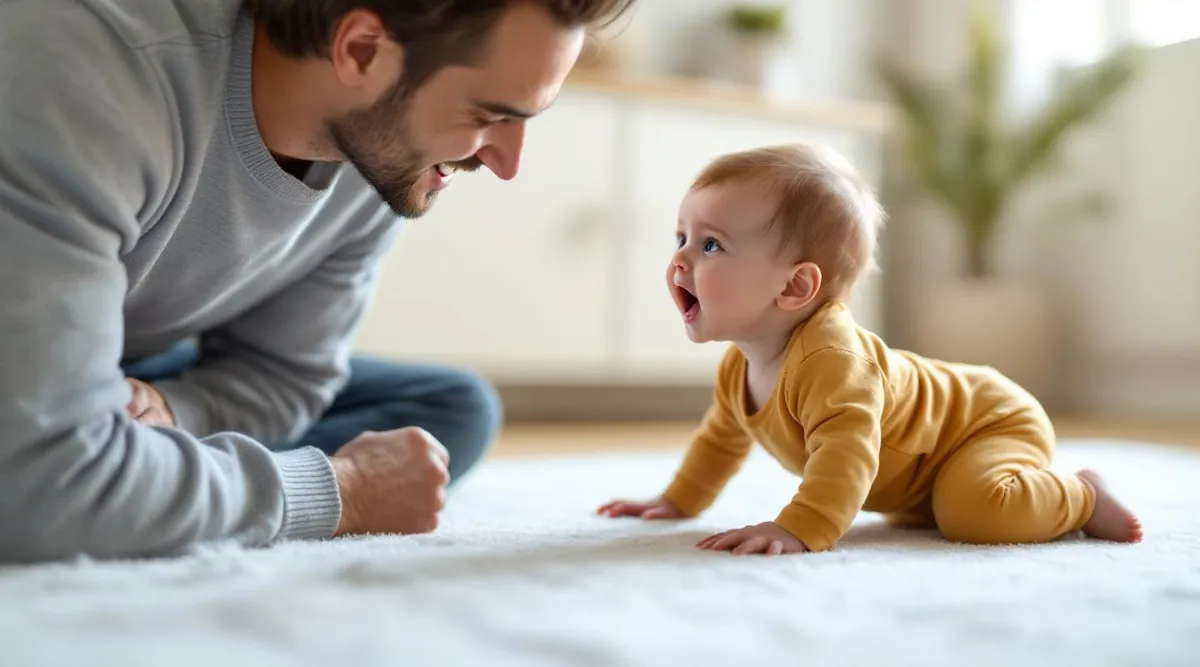 A parent sitting face-to-face with a 5-month-old baby during floor play while the baby makes expressive sounds
