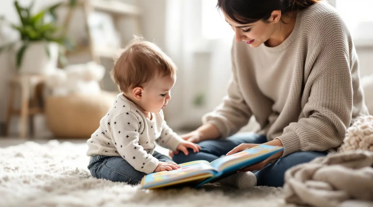 A parent sitting on the floor reading a board book to a 6-month-old baby