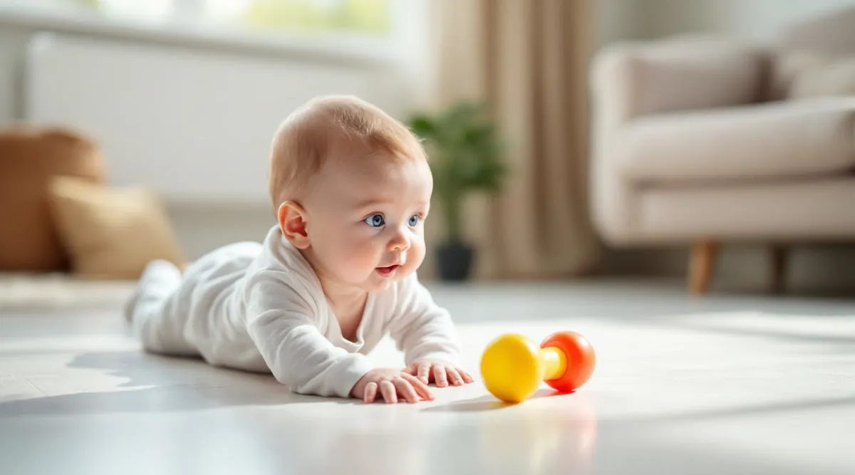 A 5-month-old baby pushing up on straight arms during tummy time reaching toward a bright rattle