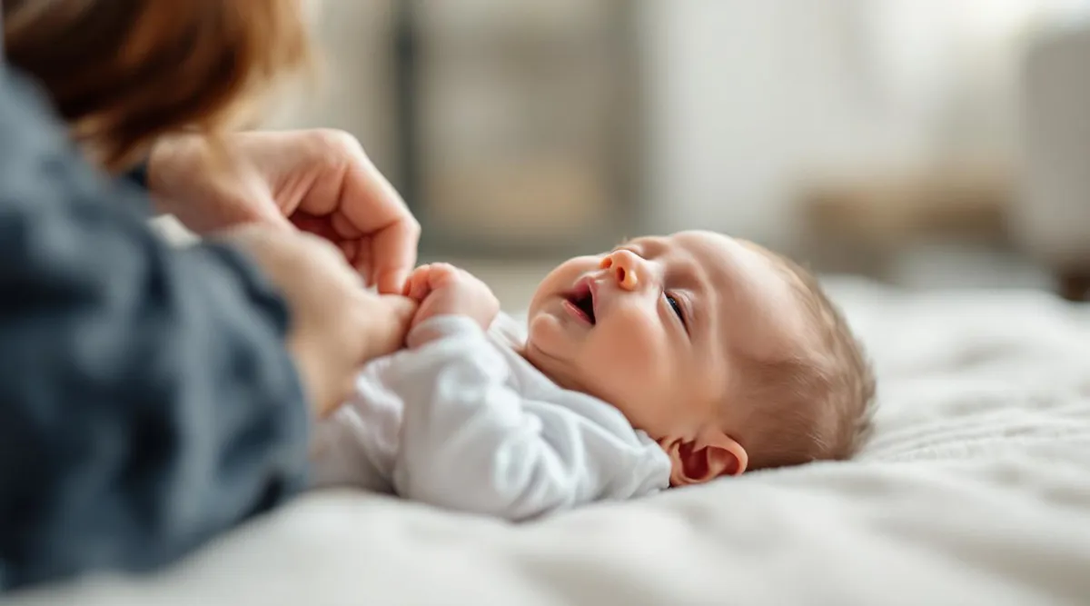 A tiny newborn gripping a parent’s finger while lying on their back