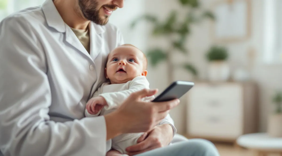 A parent sitting in a pediatrician’s office holding a 6-month-old baby during a well-child visit