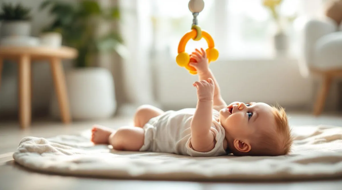 An 8-week-old baby lying on a play mat reaching toward a hanging toy