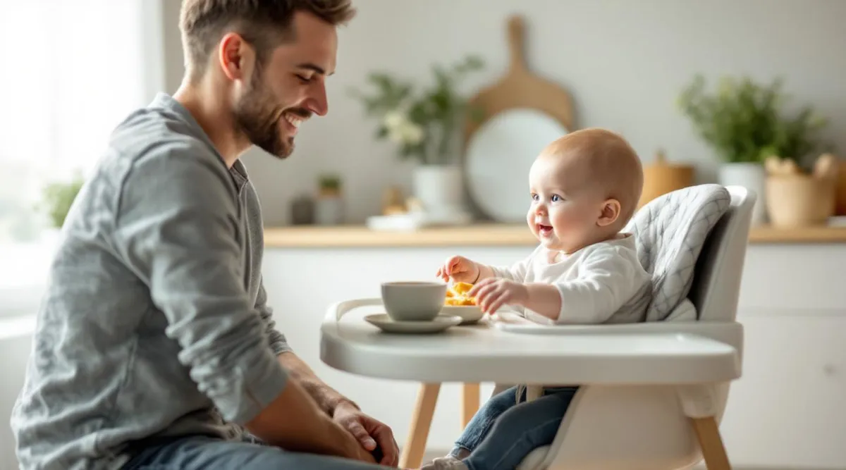 A parent sitting at a table smiling at a baby in a high chair who is reaching for food