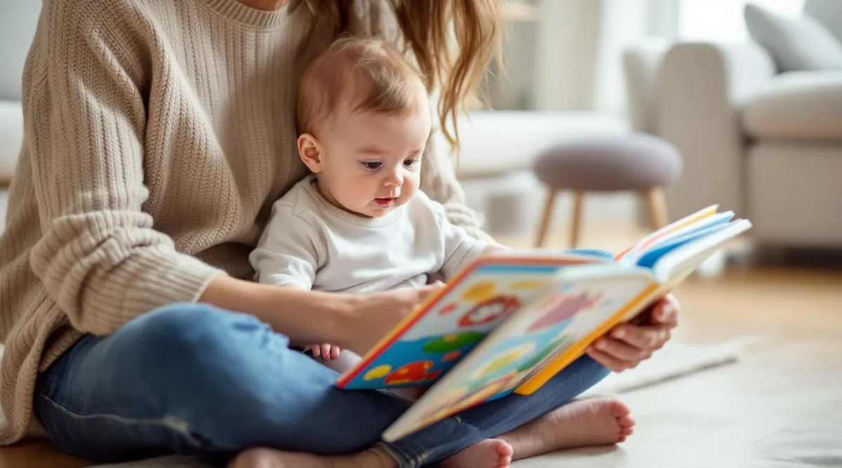 A parent reading a colorful board book to a 6-month-old baby sitting on their lap