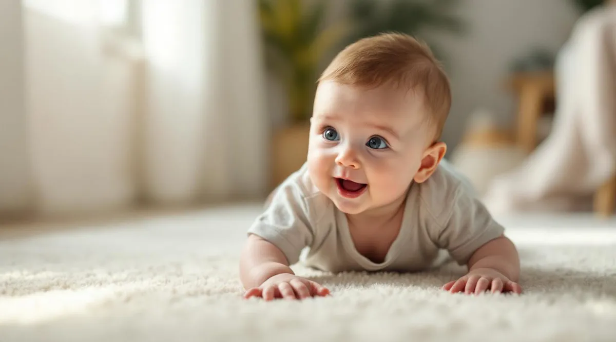 A 4-month-old baby doing tummy time and lifting their head during awake time