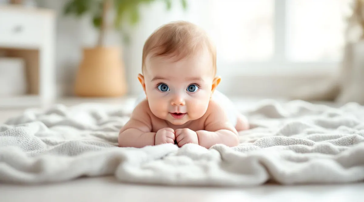 A 4-month-old baby pushing up on their arms during tummy time on a soft blanket