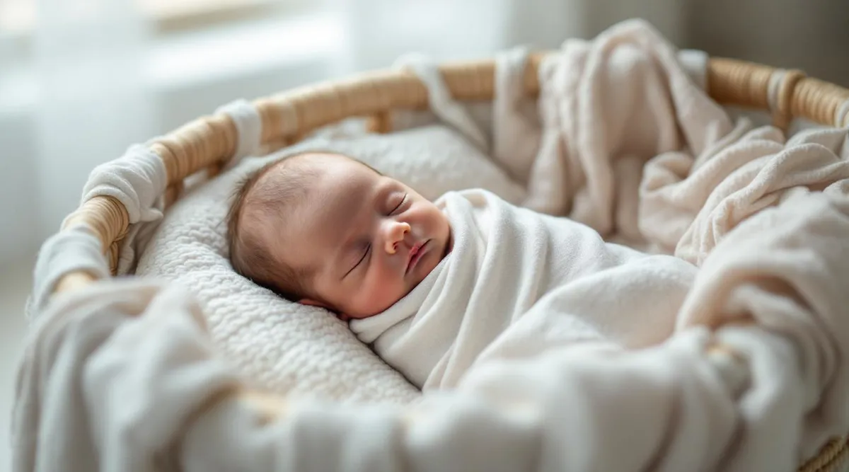 A tiny newborn sleeping in a bassinet swaddled snugly